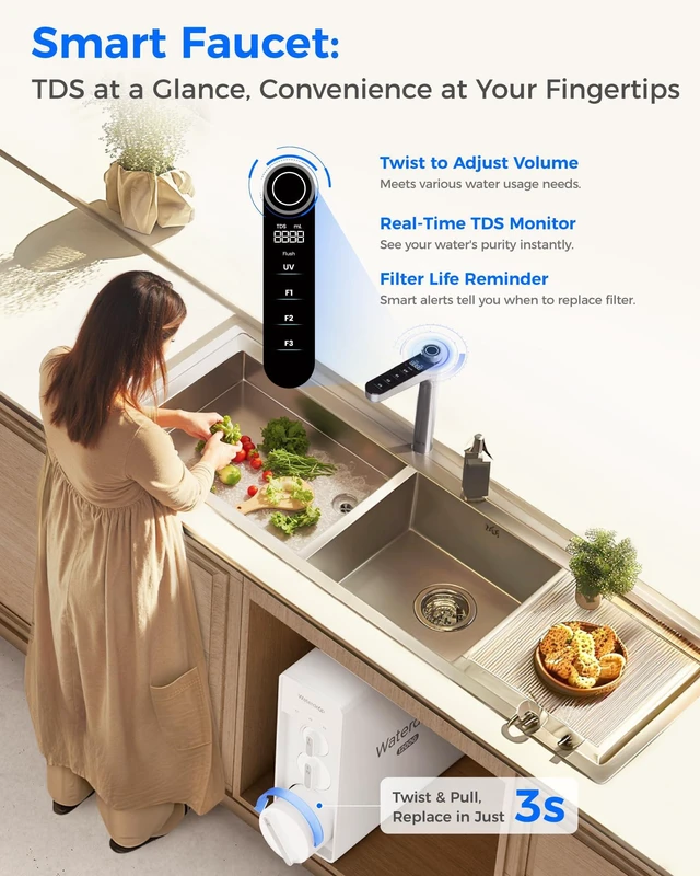 Alt view image 6 of 7 - Waterdrop X12 Alkaline Mineral Reverse Osmosis System, 1200 GPD, Under-Sink,NSF/ANSI 42 & 58 & 372 Certified, 11-Stage Filtration, Tankless RO System, 3:1 Pure to Drain, Smart Silver Faucet, BPA Free