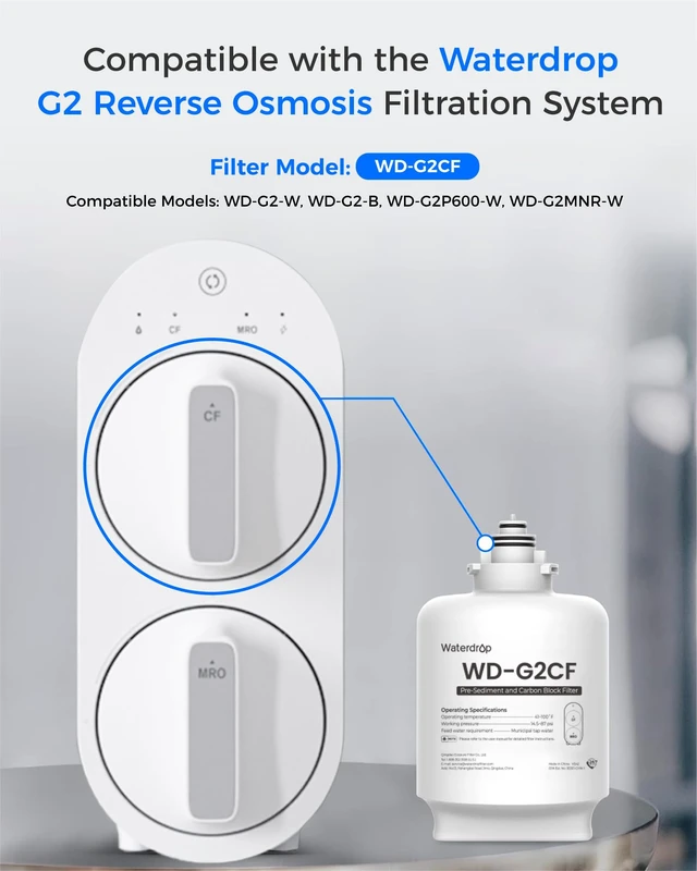 Alt view image 2 of 7 - Waterdrop G2-2CF Filter, Replacement for G2/G2P600/G2MNR RO System, 2-Pack, 12-Month Lifetime Each, Under-Sink Water Filter Replacement, Long Lifespan, High Capacity, Easy Replacement