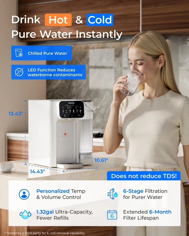 Alt view image 2 of 7 - Waterdrop CT01 Countertop Water Filter System, Hot and Cold Water Dispenser, 6-Stage Filtration, Zero Wastewater, 5 Temperature, Instant Hot and Cold Water, Touchscreen Control, No Plumbing Required