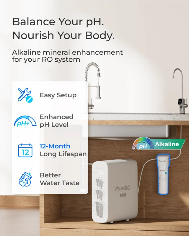 Alt view image 2 of 7 - Waterdrop ALK16 Alkaline Water Filter System for Sink, Mineralizing Water,3/8" Quick Connect, Compatible with G3 Series & G5 Series & K6 RO Systems, NSF/ANSI 372 Certified, Under-Sink Installation
