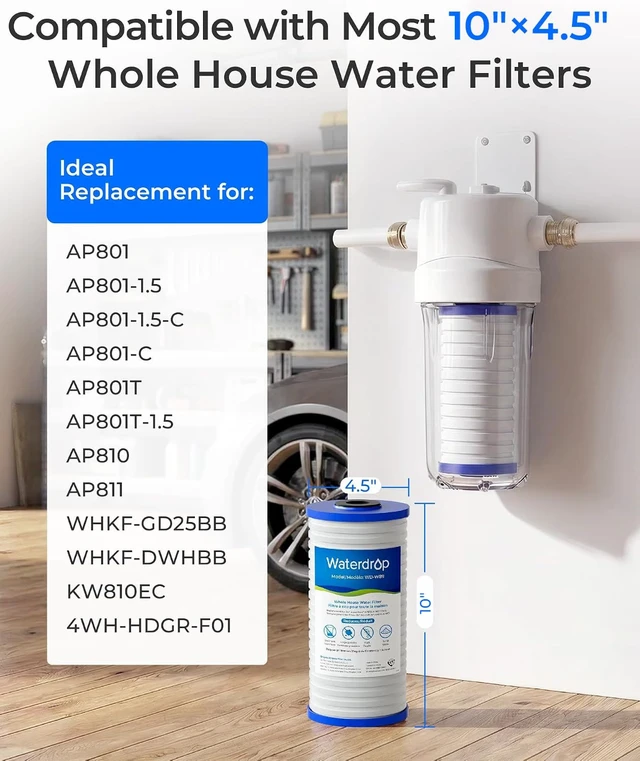 Alt view image 2 of 7 - Waterdrop AP810 Whole House Carbon Filter for 3M® Aqua-Pure AP810, 5 Micron,Replacement for 3M® Aqua-Pure AP811, AP801, AP801-C, AP801T, AP801B, Whirlpool® WHKF-GD25BB, WHKF-DWHBB, 10" x 4.5", 4 Pack