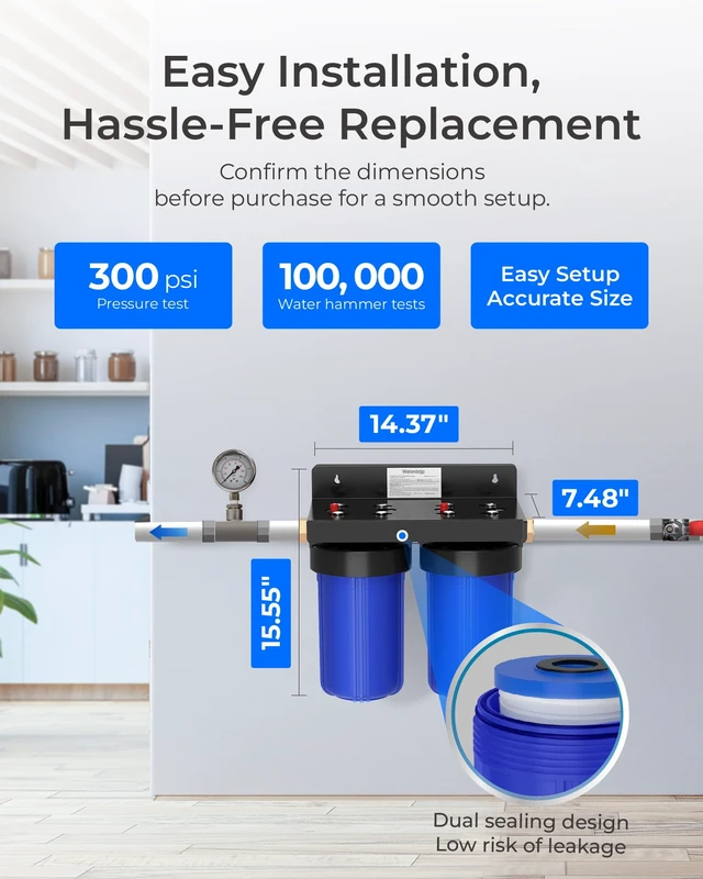Alt view image 4 of 7 - Waterdrop WHF21-PG 2-Stage Whole House Water Filter System, 5 Micron,Highly Reduces Lead, Chlorine, Odor and Taste, 5-Stage Filtration, with Carbon Filter and Sediment Filter, 1" Inlet/Outlet