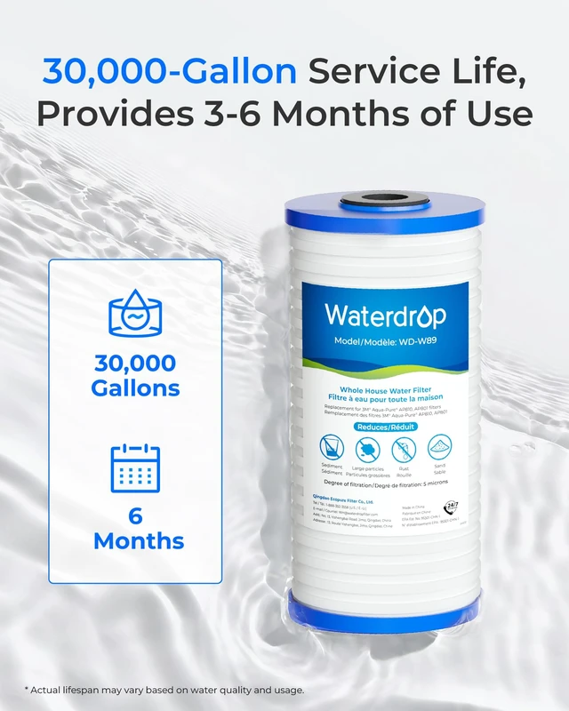 Alt view image 6 of 7 - Waterdrop AP810 Whole House Carbon Filter for 3M® Aqua-Pure AP810, 5 Micron,Replacement for 3M® Aqua-Pure AP811, AP801, AP801-C, AP801T, AP801B, Whirlpool® WHKF-GD25BB, WHKF-DWHBB, 10" x 4.5", 4 Pack