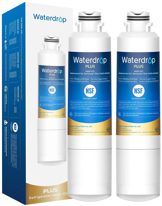 Main image of Waterdrop Plus WDP-F27 NSF 401 Certified Refrigerator Water Filter, 2 Pack,Reduce PFOA/PFOS, Replacement for Samsung DA29-00020B, HDX FMS-2, DA97-08006A, 46-9101, RF28HMEDBSR Refrigerator Water Filter