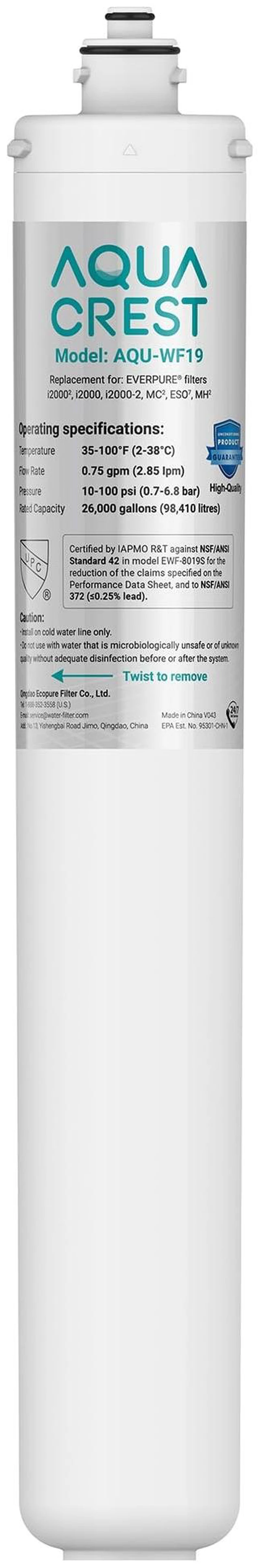 Main image of AQUA CREST I2000 Water Filter Replacement for Pentair® Everpure I2000 2, Compatible with Everpure I2000 2, EV9612-22, MC2, ESO7, MH2, EV9612-56, EV9607-25, EV9613-21, 26000 Gallons