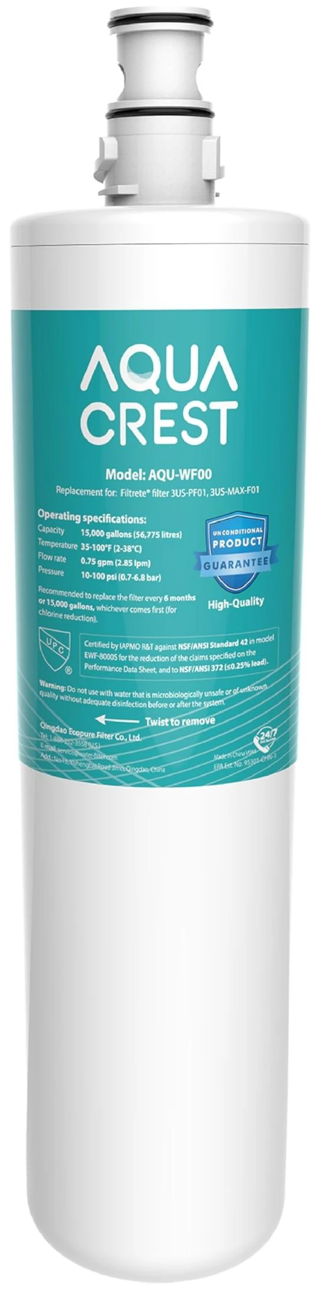 Main image of AQUA CREST 3US-PF01 Water Filter Replacement for Filtrete® 3US-PS01,Compatible with Filtrete® 3US-MAX-F01H, 3US-PF01H, HF20 HF25 HF27, Manitowoc K-00337, K-00338, Delta RP78702, NSF/ANSI 42