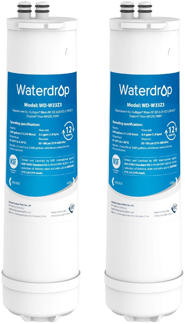 Main image of Waterdrop RC EZ 3 Water Filter Replacement for Culligan® RC-EZ-3, 2 Pack, Compatible with DuPont® Carbon 3000QT Filter, Culligan® US-EZ-3, RC-EZ-1, Brita® USF-201, USF-202, 2K Gallons