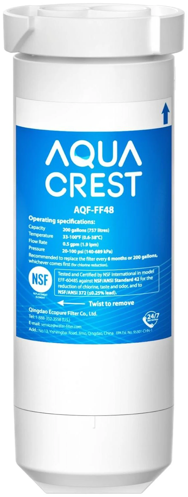 Main image of AQUA CREST XWF Water Filter Replacement for GE® WR17X30702, No chip,Not XWFE, Replacement for GE® XWF, Compatible with GE® GNE27, GFE26, GDE25 Series Refrigerators, NSF 42 & 372 Certified