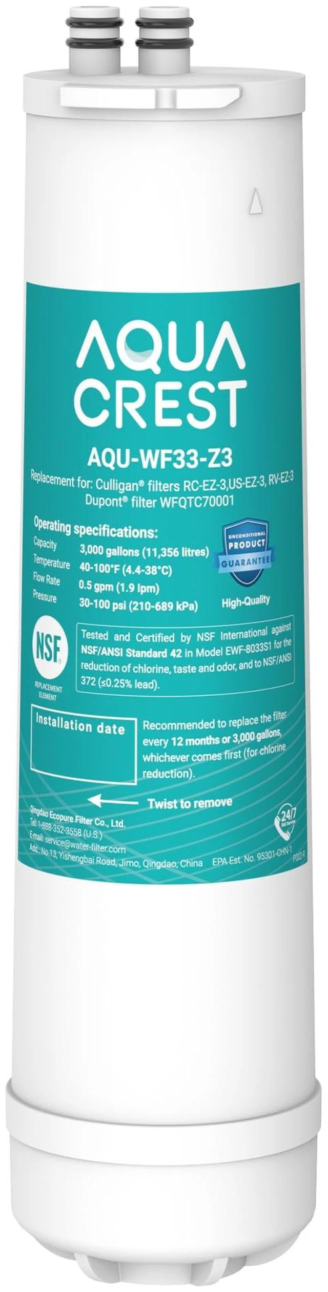 Main image of AQUA CREST RC EZ 3 Water Filter Replacement for Culligan® RC-EZ-3, 1 Pack,Compatible with DuPont® Carbon 3000QT Filter, Culligan® US-EZ-3, RC-EZ-1, Brita® USF-201, USF-202, 2K Gallons