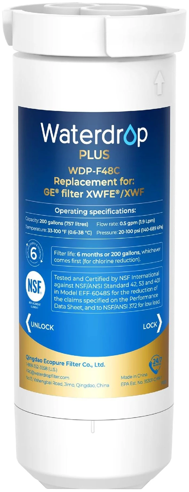 Main image of Waterdrop Plus XWFE® Water Filter, Replacement for GE® XWFE®, Built-in Chip, NSF 401&53, Certified to Reduce Lead&RFAS, Replacement for GE® XWFE/XWF, Compatible with GNE27, GFE26 Series Refrigerators