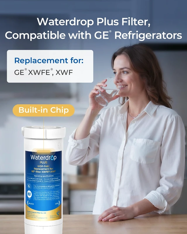 Alt view image 2 of 7 - Waterdrop Plus XWFE® Water Filter, Replacement for GE® XWFE®, Built-in Chip, NSF 401&53, Certified to Reduce Lead&RFAS, Replacement for GE® XWFE/XWF, Compatible with GNE27, GFE26 Series Refrigerators
