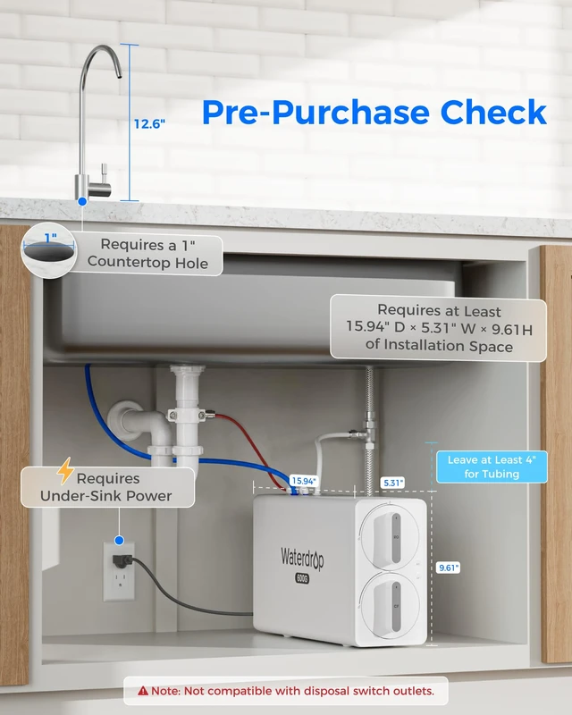Alt view image 6 of 7 - Waterdrop G6A6 Compact Alkaline Mineral Reverse Osmosis System, 600 GPD,81.8% Space Saving RO System, 600 GPD High-Flow Performance, 8-Stage, 2:1 Pure to Drain