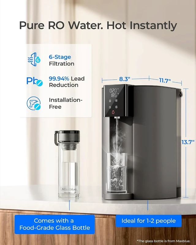 Alt view image 6 of 7 - Waterdrop C1H Instant Hot Countertop RO System, No Installation Required,6-Stage RO Filtration, Glass Bottle Included, 3:1 Pure to Drain, NSF/ANSI 372 Certified, Countertop RO Water Filter