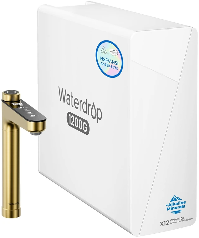 Main image of Waterdrop X12Alkaline Mineral Reverse Osmosis System 1200 GPD Gold Faucet,NSF/ANSI 42&58&372 Certified, 11-Stage Filtration, Tankless RO Water Filtration System, 3:1 Pure to Drain, Gold Smart Faucet
