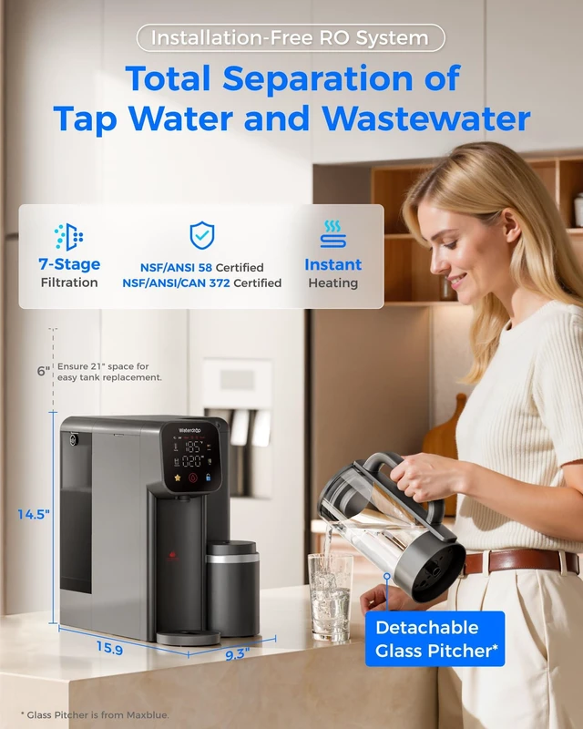 Alt view image 2 of 6 - Waterdrop M6H Instant Hot Countertop RO Water Filter System, Glass Pitcher,NSF/ANSI 58 Certified, 7-Stage RO Filtration, Reduce PFAS/TDS, 3:1 Pure to Drain, Hot & Room-Temp Water, Installation-Free
