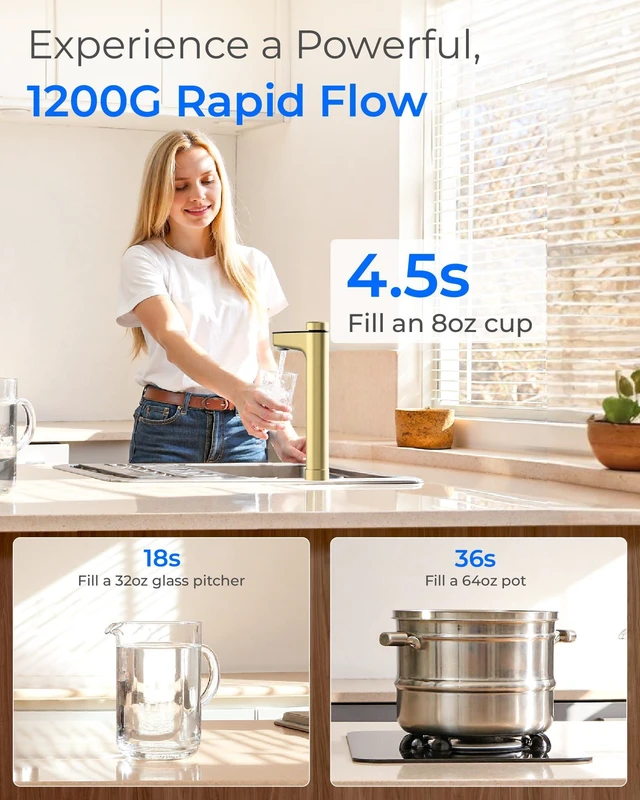 Alt view image 6 of 7 - Waterdrop X12Alkaline Mineral Reverse Osmosis System 1200 GPD Gold Faucet,NSF/ANSI 42&58&372 Certified, 11-Stage Filtration, Tankless RO Water Filtration System, 3:1 Pure to Drain, Gold Smart Faucet