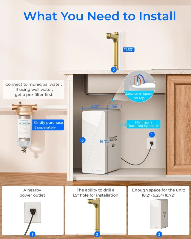 Alt view image 7 of 7 - Waterdrop X12Alkaline Mineral Reverse Osmosis System 1200 GPD Gold Faucet,NSF/ANSI 42&58&372 Certified, 11-Stage Filtration, Tankless RO Water Filtration System, 3:1 Pure to Drain, Gold Smart Faucet