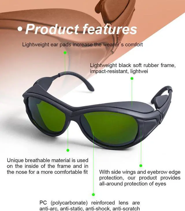 Alt view image 5 of 6 - Professional Laser Safety Glasses Laser Protection Goggles OD6+ for 200nm-450nm,800nm-2000nm