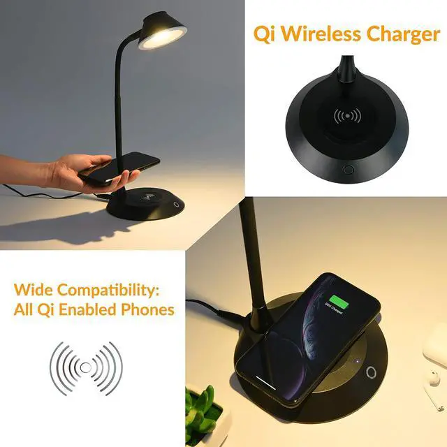 Alt view image 2 of 7 - DAC Desk Lamp Wireless Charger for iPhone 11, X, 8, Galaxy S20, S10, S9, S8, S7 and All Qi-Enabled Devices - 3 Brightness Levels - Flexible Gooseneck LED Lamp - Desk Light for Office Black