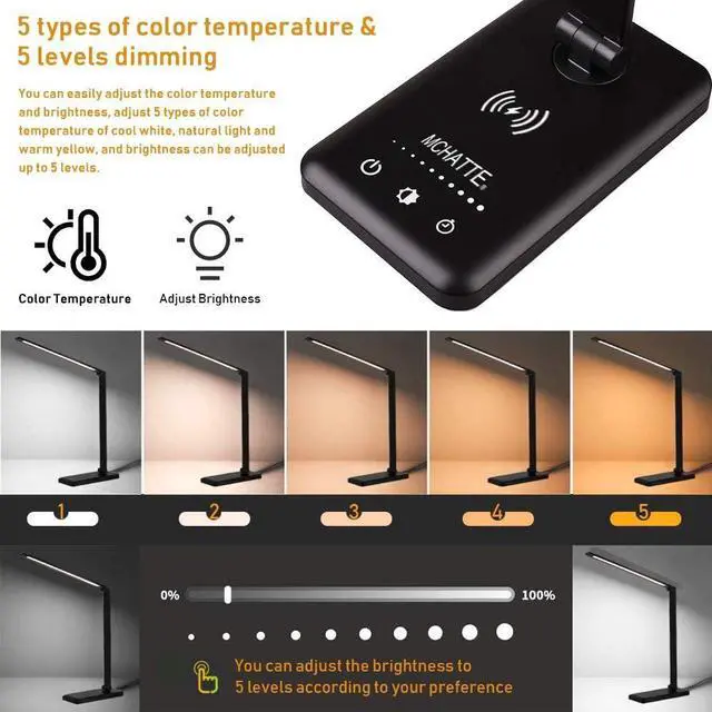 Alt view image 4 of 7 - LED Desk Lamp with Wireless Charger, USB Charging Port, Dimmable Eye-Caring Desk Light with 5 Brightness Levels & 5 Lighting Modes, Touch Control, Auto Timer (Black)