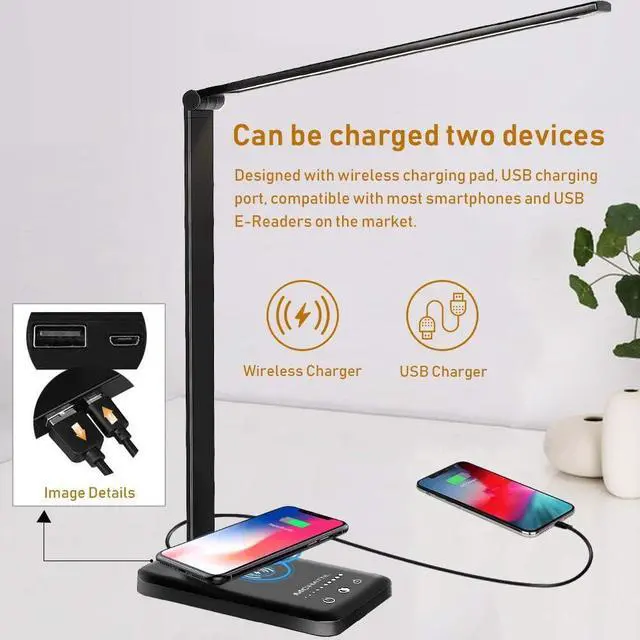 Alt view image 6 of 7 - LED Desk Lamp with Wireless Charger, USB Charging Port, Dimmable Eye-Caring Desk Light with 5 Brightness Levels & 5 Lighting Modes, Touch Control, Auto Timer (Black)