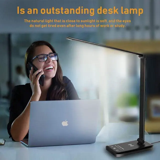 Alt view image 7 of 7 - LED Desk Lamp with Wireless Charger, USB Charging Port, Dimmable Eye-Caring Desk Light with 5 Brightness Levels & 5 Lighting Modes, Touch Control, Auto Timer (Black)