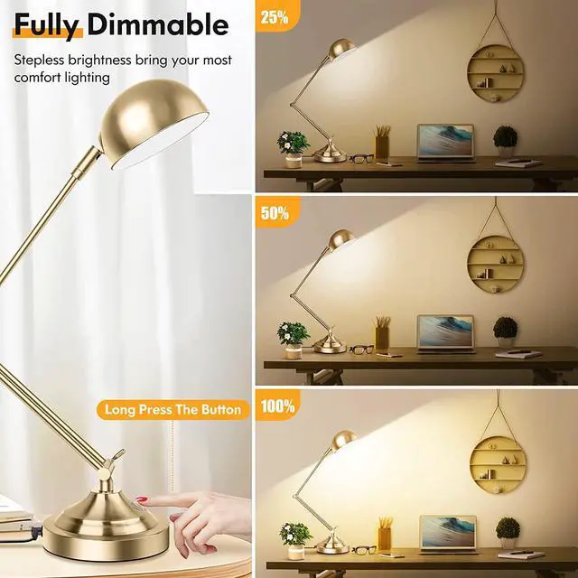 Alt view image 4 of 7 - Architect Gold Desk Lamp Dimmable with USB Port, Adjustable Touch Control Vintage Desk Lamp 3 Color Modes, Brass Metal Desk Lamp Retro Style Reading Light for Home Office Desk Bedside Table