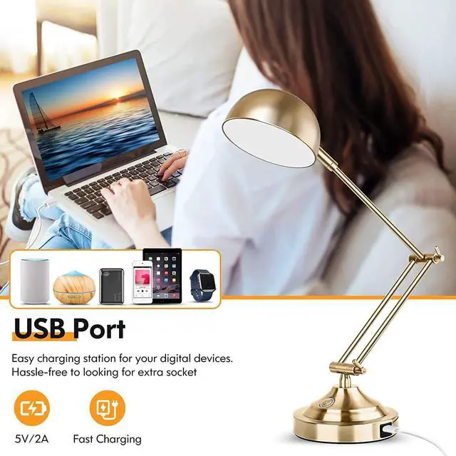 Alt view image 5 of 7 - Architect Gold Desk Lamp Dimmable with USB Port, Adjustable Touch Control Vintage Desk Lamp 3 Color Modes, Brass Metal Desk Lamp Retro Style Reading Light for Home Office Desk Bedside Table