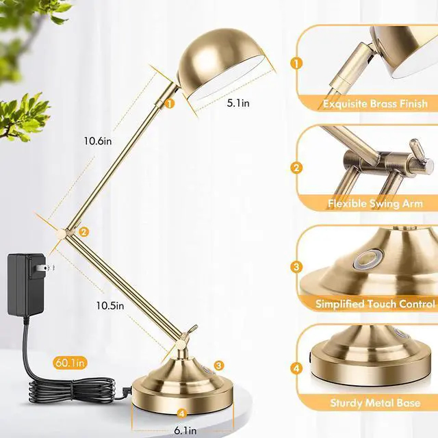 Alt view image 2 of 7 - Architect Gold Desk Lamp Dimmable with USB Port, Adjustable Touch Control Vintage Desk Lamp 3 Color Modes, Brass Metal Desk Lamp Retro Style Reading Light for Home Office Desk Bedside Table