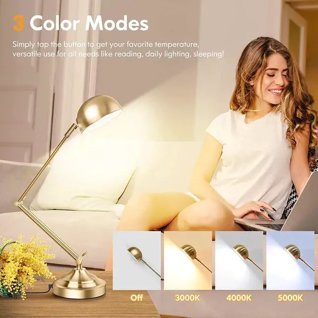 Alt view image 3 of 7 - Architect Gold Desk Lamp Dimmable with USB Port, Adjustable Touch Control Vintage Desk Lamp 3 Color Modes, Brass Metal Desk Lamp Retro Style Reading Light for Home Office Desk Bedside Table