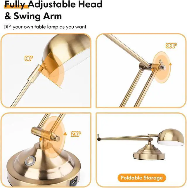 Alt view image 6 of 7 - Architect Gold Desk Lamp Dimmable with USB Port, Adjustable Touch Control Vintage Desk Lamp 3 Color Modes, Brass Metal Desk Lamp Retro Style Reading Light for Home Office Desk Bedside Table