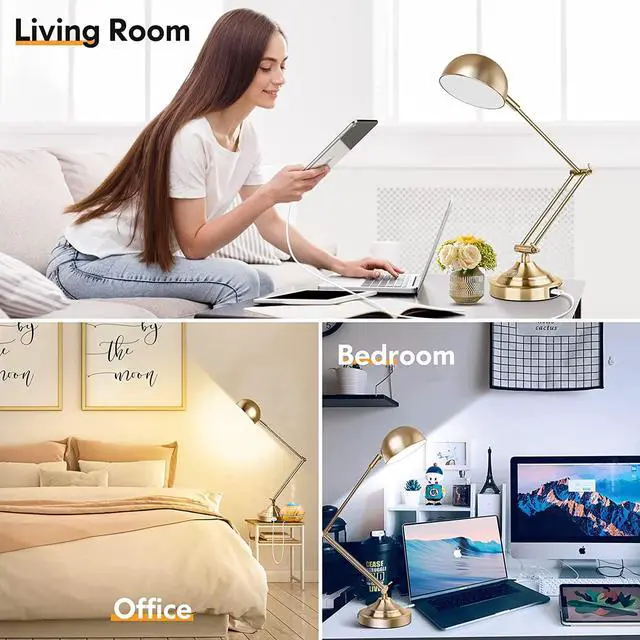 Alt view image 7 of 7 - Architect Gold Desk Lamp Dimmable with USB Port, Adjustable Touch Control Vintage Desk Lamp 3 Color Modes, Brass Metal Desk Lamp Retro Style Reading Light for Home Office Desk Bedside Table