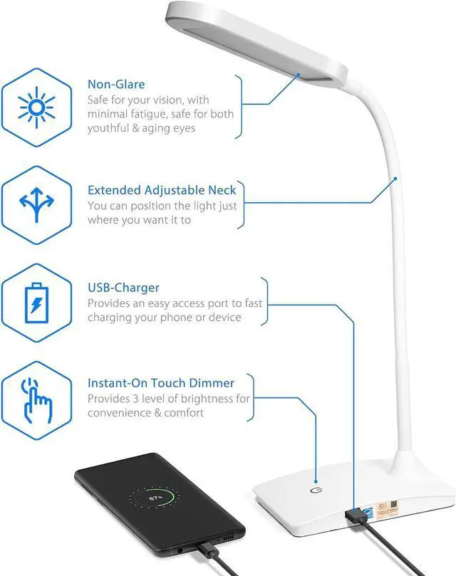 Alt view image 5 of 7 - TW Desk Lamps for Home Office - Super Bright Small Desk Lamp with USB Charging Port, a Perfect LED Desk Light as Study Lamp, Bedside Reading Lights, White