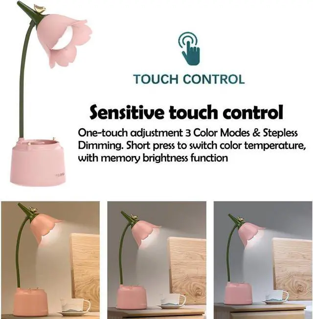 Alt view image 3 of 7 - Pink Desk Lamp, Rechargeable LED with USB Charging, 3 Color Modes & Stepless Dimming, Cute for College Dorm Bedroom Reading