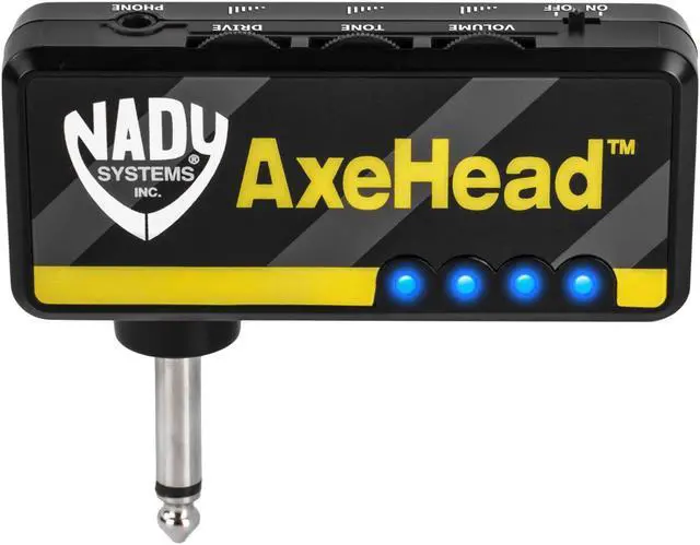 Main image of Nady AxeHead Miniature Headphone Guitar Amplifier _ Built-in amp simulation with gain, tone and volume controls _ includes headphones splitter, 3.5mm audio cable, and USB charging cable