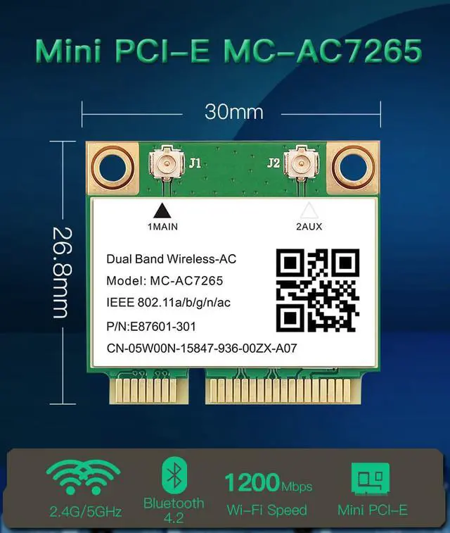 Alt view image 7 of 7 - 1200Mbps Wireless MC-AC7265 Half Mini PCI-E Wifi Card Bluetooth 4.2 802.11ac Dual Band 2.4G 5Ghz Adapter For Laptop Than 7260HMW