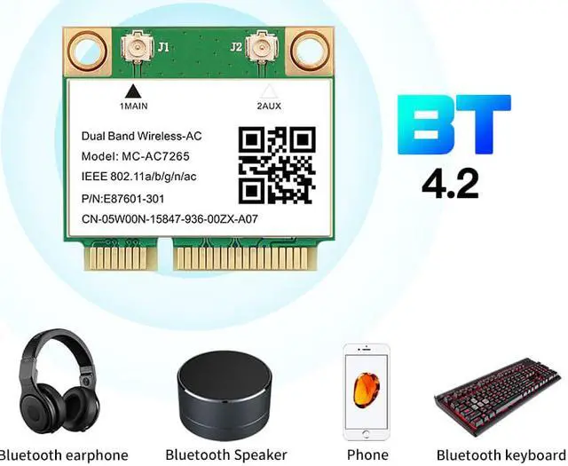 Alt view image 3 of 7 - 1200Mbps Wireless MC-AC7265 Half Mini PCI-E Wifi Card Bluetooth 4.2 802.11ac Dual Band 2.4G 5Ghz Adapter For Laptop Than 7260HMW