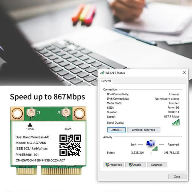 Alt view image 4 of 7 - 1200Mbps Wireless MC-AC7265 Half Mini PCI-E Wifi Card Bluetooth 4.2 802.11ac Dual Band 2.4G 5Ghz Adapter For Laptop Than 7260HMW