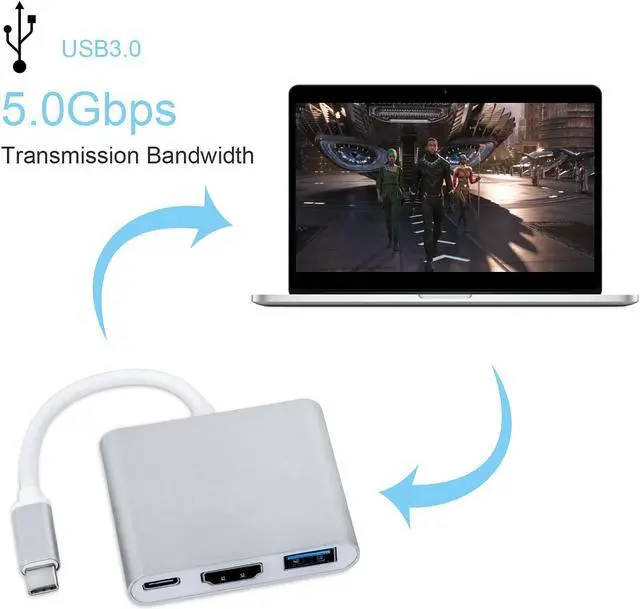 Alt view image 3 of 6 - USB C to HDMI Adapter with HDMI+USB 3.0+USB C 3.1 Power Delivery Port, USB C Hub Converter supports 4K UHD display for Samsung S8 Plus/Note8, New MacBook,HP Spectre,Chromebook Pixel