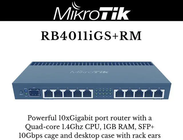 Main image of Mikrotik RB4011iGS+RM 10 port Router with 1x SFP+ 10Gbps port Quad-core 1.4Ghz CPU and Rack Ears