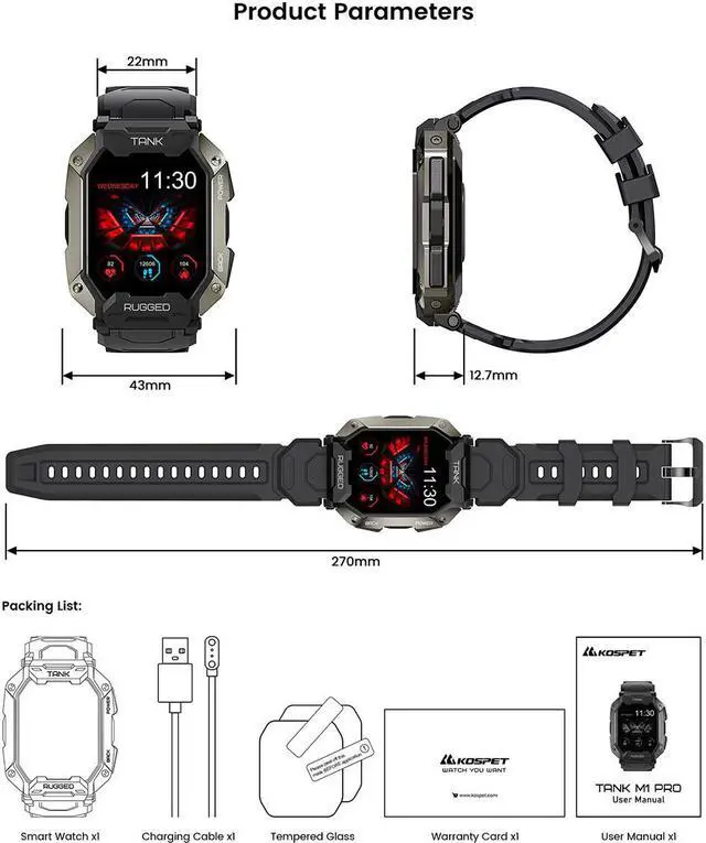 Alt view image 4 of 6 - KOSPET TANK M1 Pro Smart Watch, Support Sleep / Heart Rate Monitoring / Bluetooth Calling
