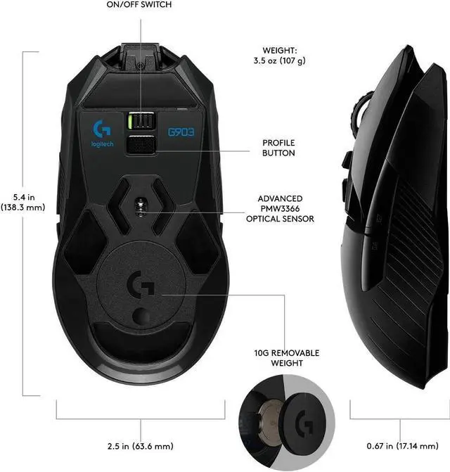 Alt view image 6 of 7 - Logitech G903 LIGHTSPEED Wireless Gaming Mouse with Hero 25K Sensor, PowerPlay Compatible, Rechargeable Battery, Lightsync RGB, Scroll Wheel, Radio Frequency, 11 Programmable Buttons PMW3366, Black