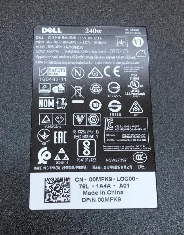 Alt view image 2 of 3 - Dell 240W AC Adapter LA240PM160 GA240PE1-00 00MFK9 0FWCRC 19.5V 12.3A
