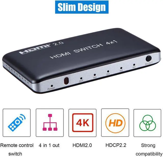 Alt view image 3 of 7 - Werleo 4K x 2K 4 Port 4 x 1 HDMI 2.0 HDMI Switch with IR Wireless Remote Control HDMI Hub Switcher Splitter Box Support 4K 3D 1080P HDCP 2.2 For TV Blu-ray DVD PS4 PS3 Xbox Monitor Macbook PC Laptop