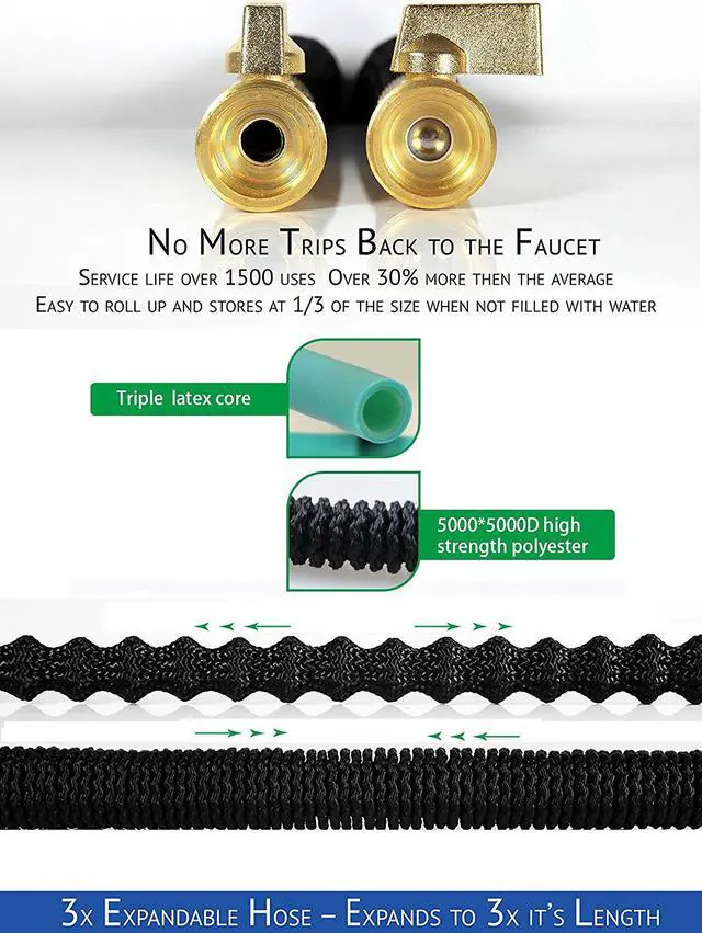 Alt view image 4 of 7 - 50ft Expandable Garden Hose Flexible Expanding Water Hose with Double Latex Core, 3/4" Solid Brass Connector Fittings, Garden Hose Holder - Extra Strength Fabric For Clearning Pet Car Washing