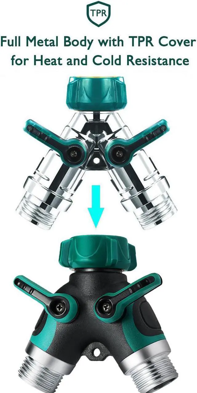 Alt view image 4 of 7 - 2 Pack Metal Garden Hose Splitter 2 Way Y Valve Hose Connector Water Spigot Faucet Splitter with Comfortable Rubberized Grip, 4 Rubber Hose Washers For Outdoor Lawn Sprinkler Irrigation Drip