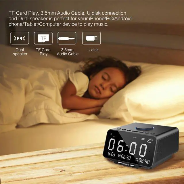 Alt view image 3 of 7 - Alarm Clock Radio Wireless Bluetooth Stereo Speaker Digital Alarm Clock for Heavy Sleepers with FM Radio/AUX-IN/ Snooze,Auto Dimmer,Cell Phone USB Charging Night Lights Lamp Large LED Display Bedroom