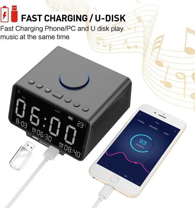 Alt view image 4 of 7 - Alarm Clock Radio Wireless Bluetooth Stereo Speaker Digital Alarm Clock for Heavy Sleepers with FM Radio/AUX-IN/ Snooze,Auto Dimmer,Cell Phone USB Charging Night Lights Lamp Large LED Display Bedroom