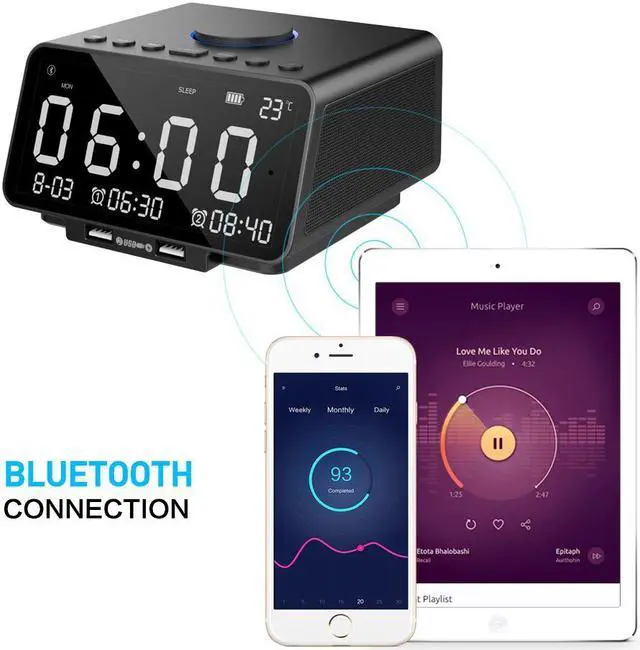 Alt view image 5 of 7 - Alarm Clock Radio Wireless Bluetooth Stereo Speaker Digital Alarm Clock for Heavy Sleepers with FM Radio/AUX-IN/ Snooze,Auto Dimmer,Cell Phone USB Charging Night Lights Lamp Large LED Display Bedroom