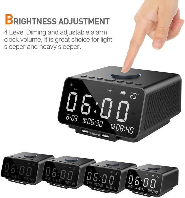 Alt view image 6 of 7 - Alarm Clock Radio Wireless Bluetooth Stereo Speaker Digital Alarm Clock for Heavy Sleepers with FM Radio/AUX-IN/ Snooze,Auto Dimmer,Cell Phone USB Charging Night Lights Lamp Large LED Display Bedroom